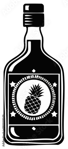 Bottle of pineapple liquor illustration in black and white.
