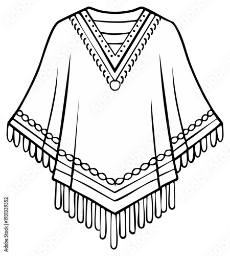Boho Inspired Fringe Poncho Textile Art Hand Drawn Sketch Outline