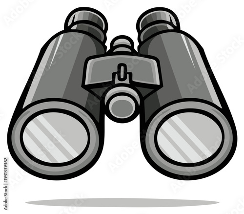 Close up of gray binoculars looking forward, cartoon style illustration with subtle shadow