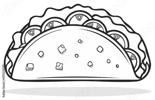 Taco Illustration with Fillings Line Art Mexican Food Shell Black and White Graphic