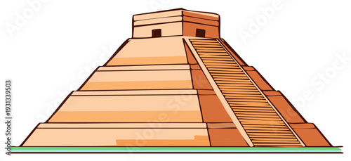 Stylized ancient stepped pyramid temple with prominent staircase, representing historical civilizations
