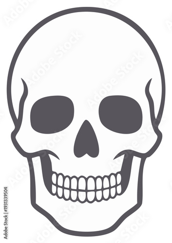 Simple human skull graphic illustration icon. Front view of a skeleton head for Halloween or death symbol.