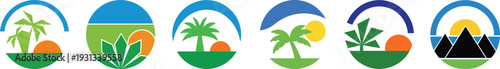 Tropical logo set with palm trees leaves mountains and sunset arches colorful graphic elements for travel and eco friendly branding