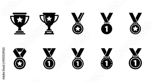 achievement award icons vector set featuring trophies and first place medals perfect for illustrating success and victory.
