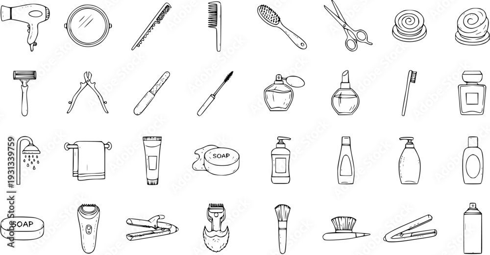 Obraz premium Bathroom Personal Care Items: Doodle Vector Set