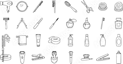 Bathroom  Personal Care Items: Doodle Vector Set