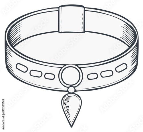 Hand drawn sketch of a dog collar with a pendant accessory