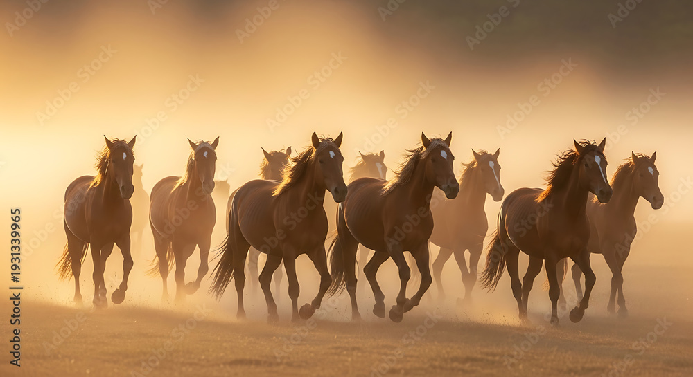 Fototapeta premium Foggy Valley Sunrise with Wild Horses Running Through Mist Freedom Spirit