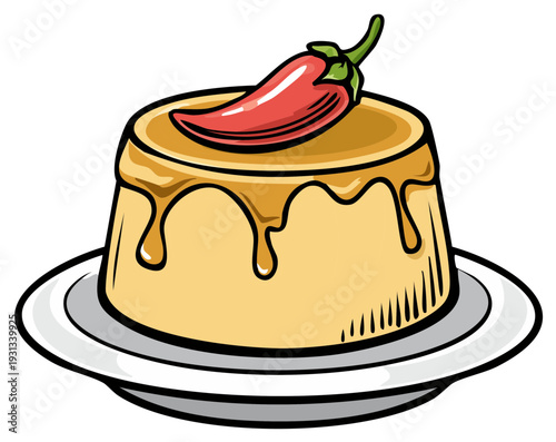 Sweet custard dessert with chili pepper and caramel sauce, served on a plate, hand drawn cartoon illustration