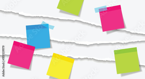Colorful sticky notes with torn paper edges, office supplies, stationery, workplace organization, notes, reminders, tasks, sticky, paper, office