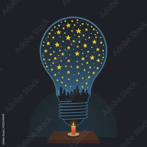 Creative ideas sparkle like stars in the night sky inside a light bulb with city skyline silhouette at its base