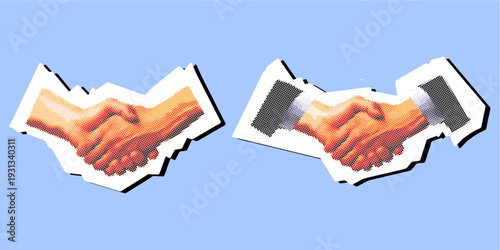 Set hand shake dot halftone scrapbook vector for retro business networking. Ideal for symbolizing vintage corporate deals, pop art partnerships, and nostalgic trust agreements.