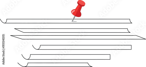 Red pushpin holding multiple papers on a flat surface viewed from directly above