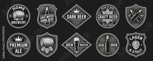 Home Brewery Badges Premium Ale and Lager Stout Emblems with Hop Cones and Barrels for Microbrewery Branding Pub Menu Design and Artisanal Beverage Marketing Vector Set