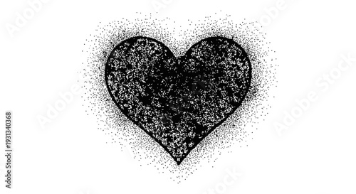 black stippled heart shape with an artistic spray paint texture on a clean white background symbolizing emotion and passion.