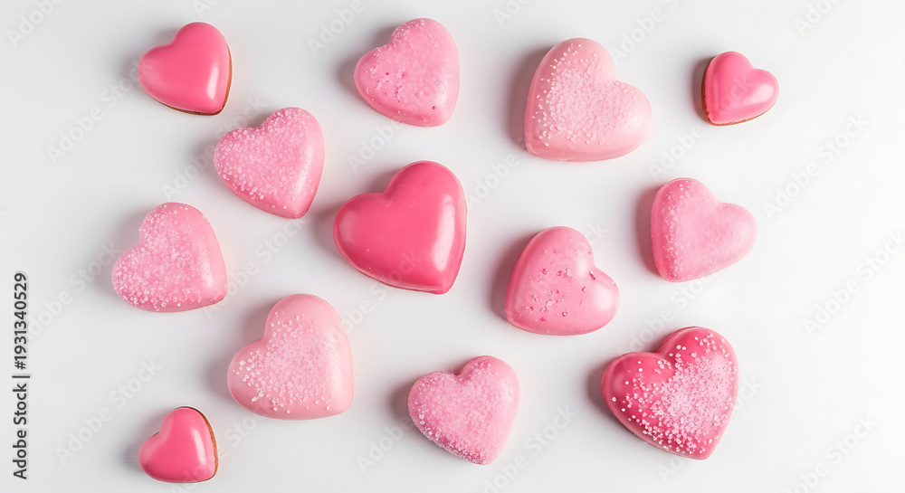Fototapeta premium Pink Heart Shaped Sugar Cookies with Icing and Sprinkles on White Background, Top View