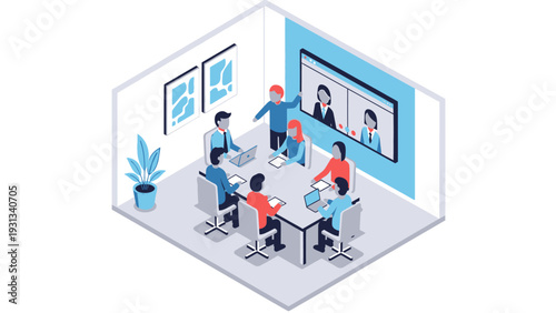 Video Conference Meeting in Modern Office Boardroom. Isometric Business Team Collaboration and Remote Communication Illustration.