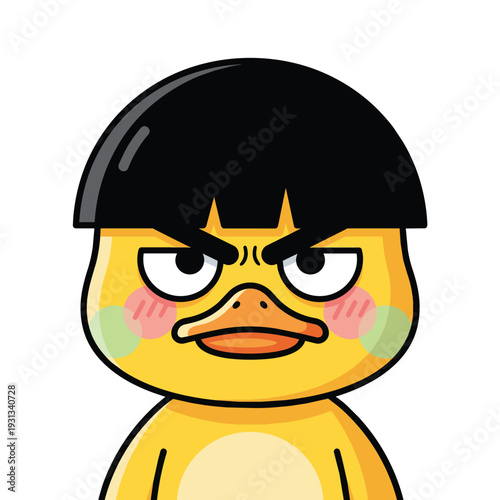 Angry cartoon duck with black hair and blushing cheeks vector illustration
