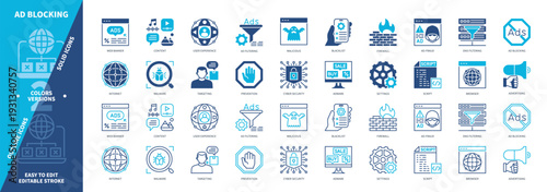 Ad Blocking icon set. Malware, Adware, Firewall, Settings, Blacklist, Advertising, Prevention, User Experience. Duotone color solid and editable outline icons