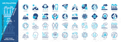 Air Pollution icon set. Atmosphere, Typhoon, Allergy, Harmful, Insects, Greenhouse Gases, Extreme Heat, Crop Disease. Duotone color solid and editable outline icons