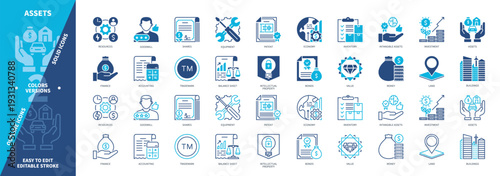 Assets icon set. Buildings, Value, Balance Sheet, Shares, Equipment, Intellectual Property, Goodwill, Money. Duotone color solid and editable outline icons