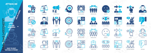 Attack ad icon set. Candidate, Lies, Fake, Negative, Mass Media, Debate, Voters, Public Opinion. Duotone color solid and editable outline icons