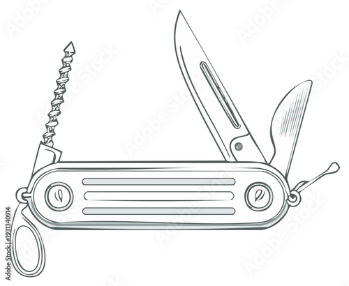 Multi-tool pocket knife illustration with blade and corkscrew.