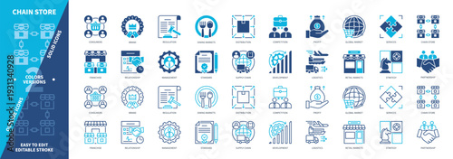 Chain Store icon set. Consumers, Brand, Regulation, Dining Markets, Competition, Franchise, Supply Chain, Distribution. Duotone color solid and editable outline icons