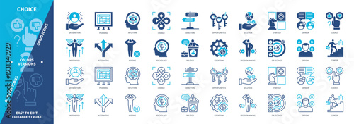 Choice icon set. Alternative, Objectives, Opportunities, Planning, Solution, Direction, Mistake, Opinion. Duotone color solid and editable outline icons