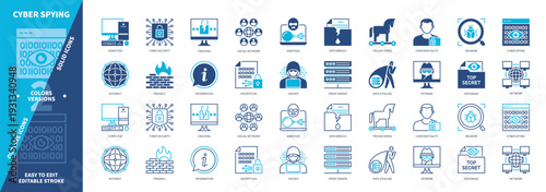 Cyber Spying icon set. Proxy Server, Cracking, Network, Espionage, Firewall, Trojan Horse, Confidentiality, Internet. Duotone color solid and editable outline icons