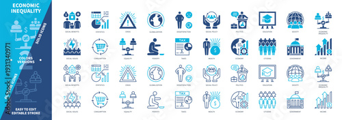 Economic Inequality icon set. Social Issue, Poverty, Income, Consumption, Politics, Social Policy, Wealth, Social Benefits. Duotone color solid and editable outline icons
