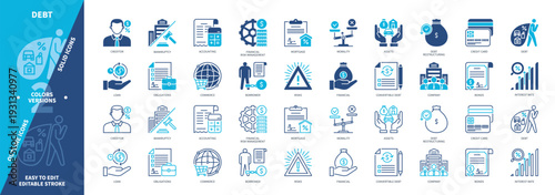 Debt icon set. Creditor, Borrower, Loan, Assets, Accounting, Risks, Credit Card, Mortgage. Duotone color solid and editable outline icons