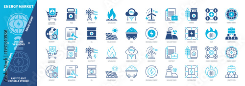 Energy Market icon set. Oil , Carbon Emissions, Natural Gas, Wind Energy, Heat, Fuel, Contract, Biogas. Duotone color solid and editable outline icons