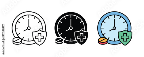 Medicine schedule and healthcare reminder icon set. Clock with pill and medical shield symbols for pharmacy timing, health insurance, and medication tracking design. Vector Illustration.