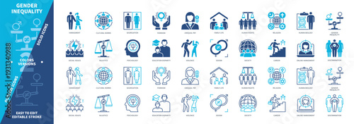 Gender Inequality icon set. Religion, Education Disparity, Feminism, Sexism, Harassment, Violence, Unequal Pay, Social Issues. Duotone color solid and editable outline icons