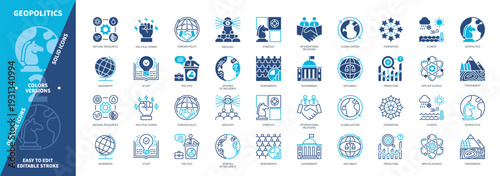 Geopolitics icon set. Topography, Climate, Diplomacy, Foreign Policy, Prediction, Study, Federation, Demography. Duotone color solid and editable outline icons