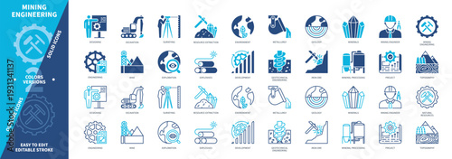 Mining Engineering icon set. Surveying, Metallurgy, Engineering, Exploration, Mine, Mineral Processing, Iron Ore, Explosives. Duotone color solid and editable outline icons