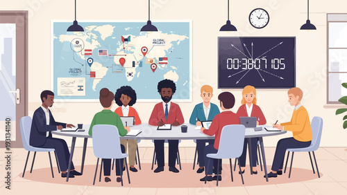 Diverse Team Meeting for Global Business Strategy. Professionals Collaborating in Boardroom with World Map and Project Timers.