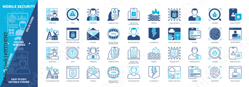 Mobile Security icon set. Antivirus, Vishing, Phishing, Mobile Computing, Vulnerability, Phone Settings, Online Privacy, Face Recognition. Duotone color solid and editable outline icons