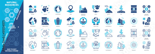 Natural Resources icon set. Abiotic, Minerals, Biotic, Extractive Industry, Vegetation, Nature, Raw Materials, Wildlife. Duotone color solid and editable outline icons