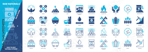 Raw Materials icon set. Wheat, Quartz, Clay, Precious Metals, Natural Gas, Coal, Rare Earth Elements, Produce. Duotone color solid and editable outline icons
