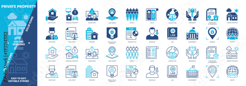 Private Property icon set. Legal Right, Personal Property, Real Estate, Law, Individual, Inheritance, Land Owner, Ownership. Duotone color solid and editable outline icons