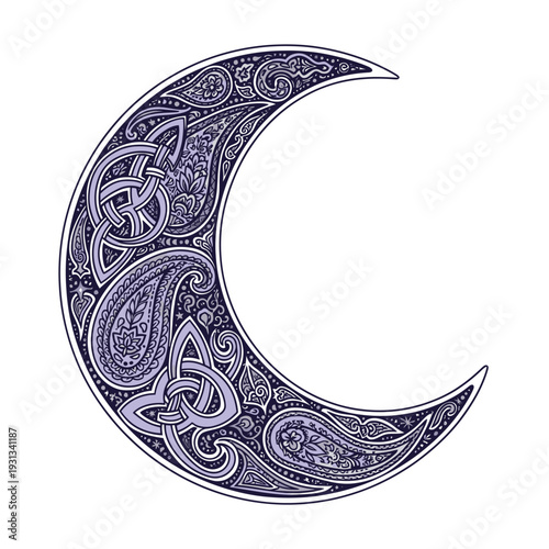 Celtic Crescent Moon with Intricate Knotwork Design.