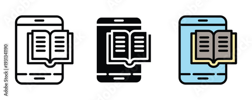 E-book reader or mobile library icon set. Smartphone with open book symbol for digital reading, online education, and mobile learning design. Vector Illustration.