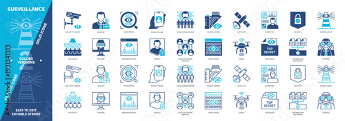 Surveillance icon set. Hidden Camera, Auditor, Mobile Phone, Biometric, Espionage, Investigation, Drone, Security. Duotone color solid and editable outline icons
