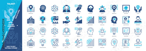 Talent icon set. Competence, Potential, Solution, Wisdom, Experience, Qualification, Education, Development. Duotone color solid and editable outline icons