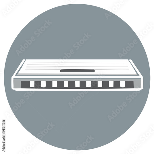 Harmonica drawing on gray circle. Hand-drawn style icon. Musical instrument illustration.