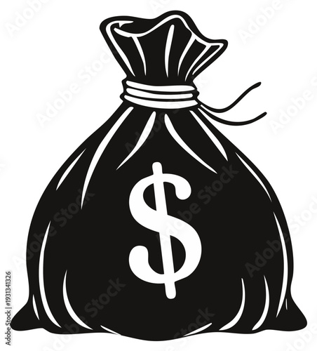 Black silhouette of a money bag with a dollar sign in white illustration