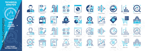 Technical Analysis icon set. Market Data, Company, Price Pattern, Statistics, Stock Market, Trend, Methodology, Profit. Duotone color solid and editable outline icons