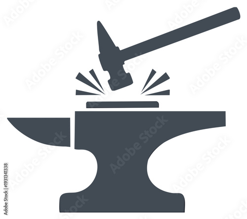 Blacksmith Forging on Anvil with Hammer - Steel Metalwork Process Illustration - Craft Industry Tools